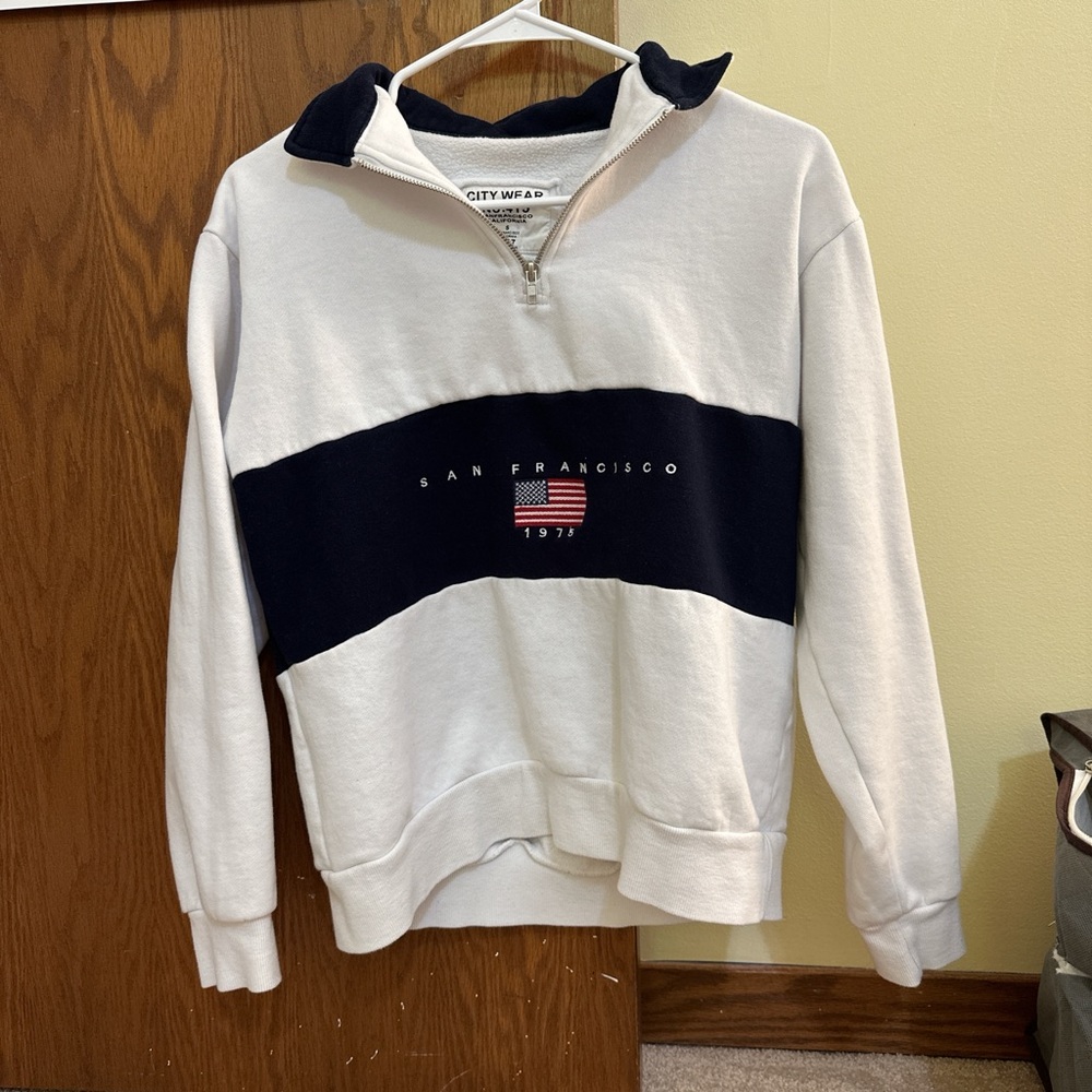 San Francisco White and Navy Quarter Zip Sweater